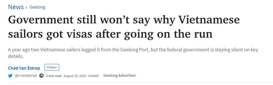 中国货轮停靠维州港口，两名船员偷溜入境，没被遣返还获得签证