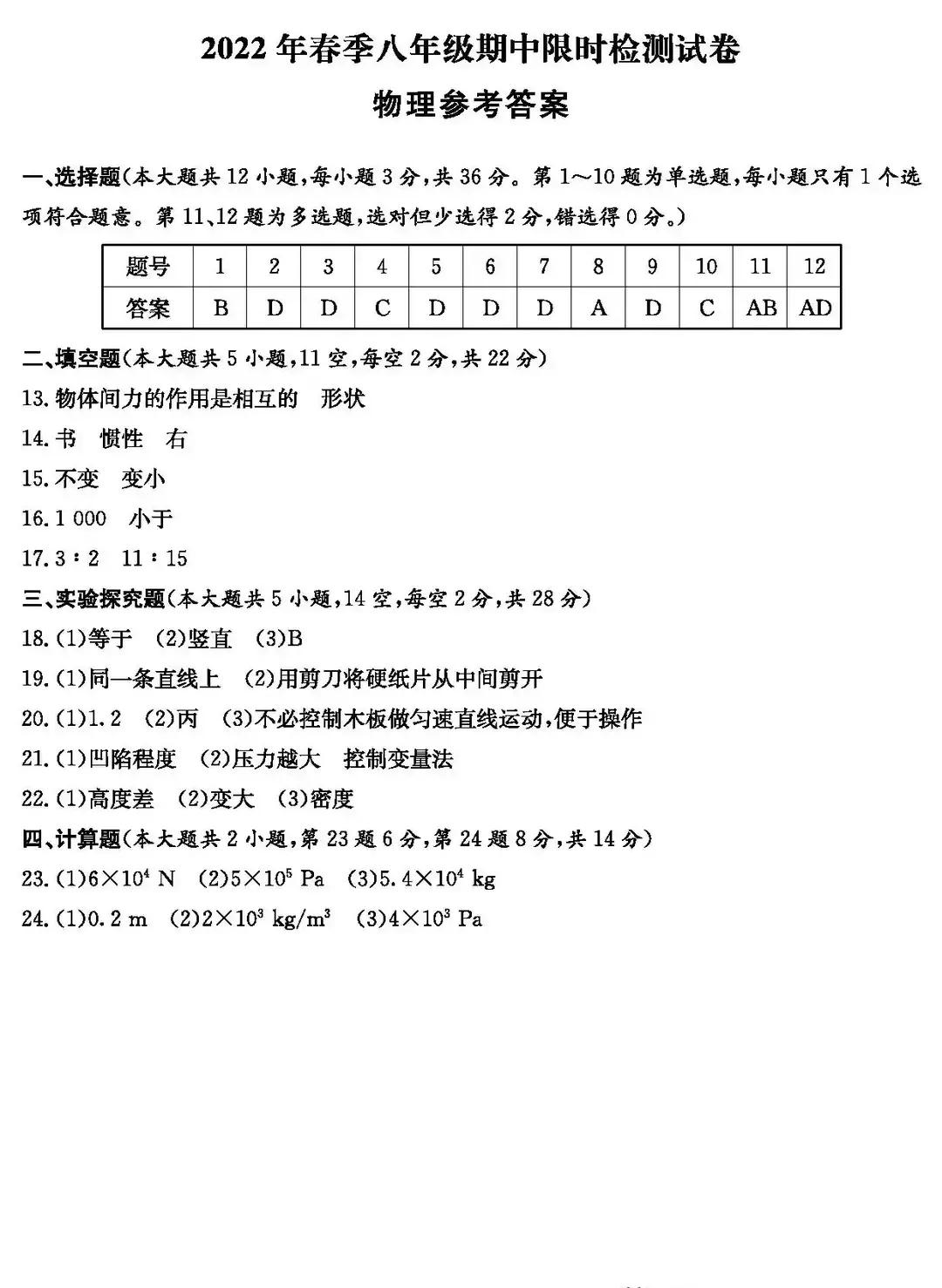 八年级下物理试卷最后一题,八年级下物理期中考试