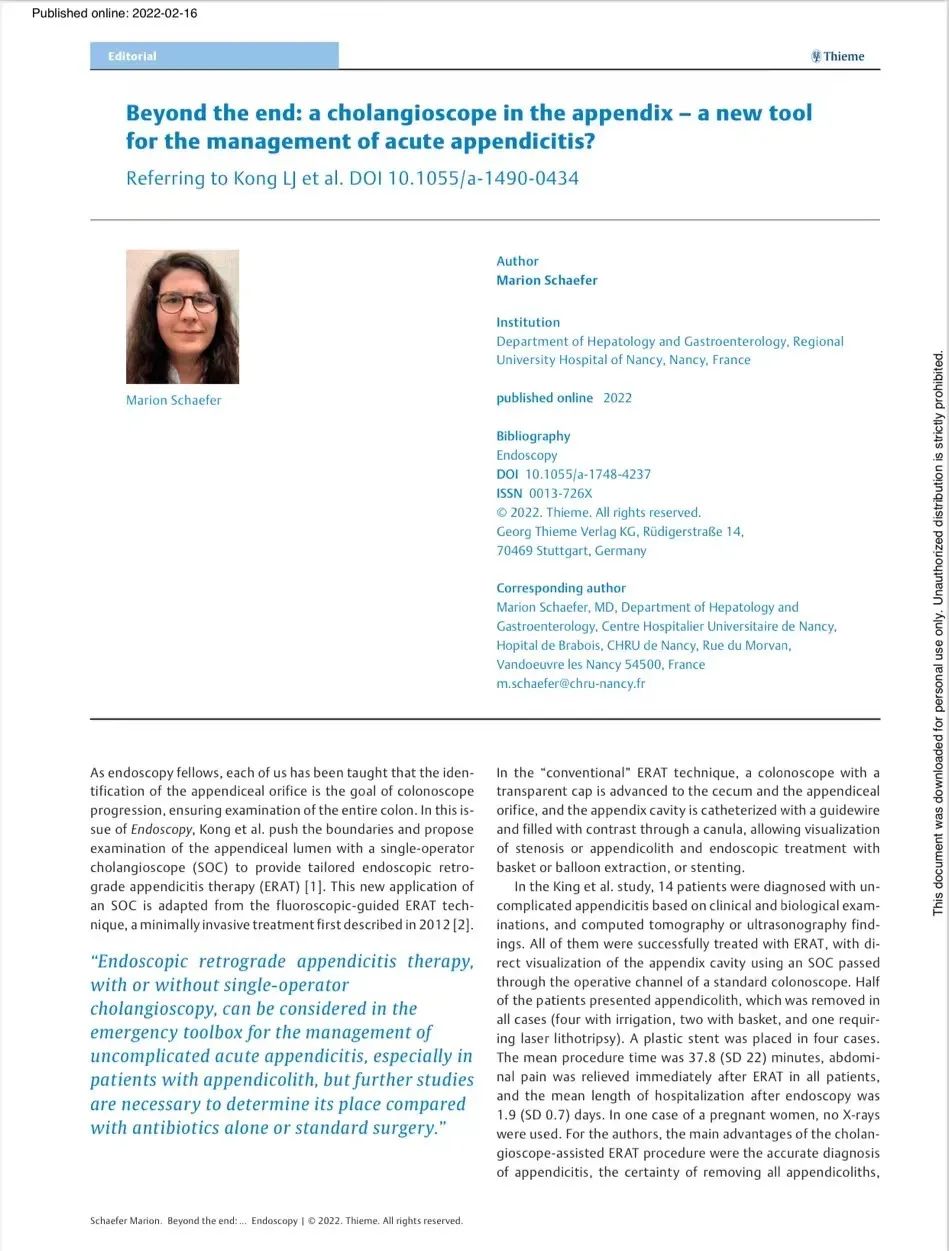 郑州大学第一附属医院消化病院刘冰熔教授团队内镜逆行阑尾炎治疗（ERAT）研究成果荣登国际著名期刊封面