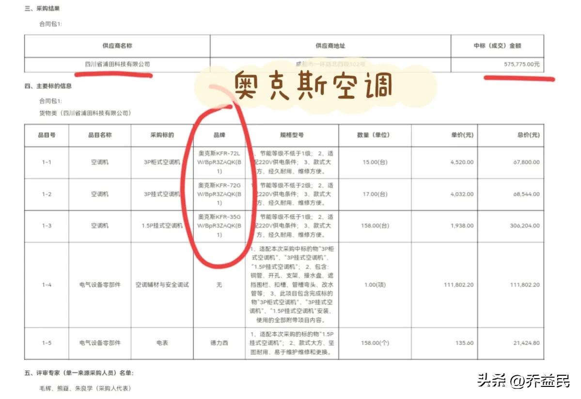 德阳二中空调采购5.7折成交！奥克斯所有参数不低于国标？