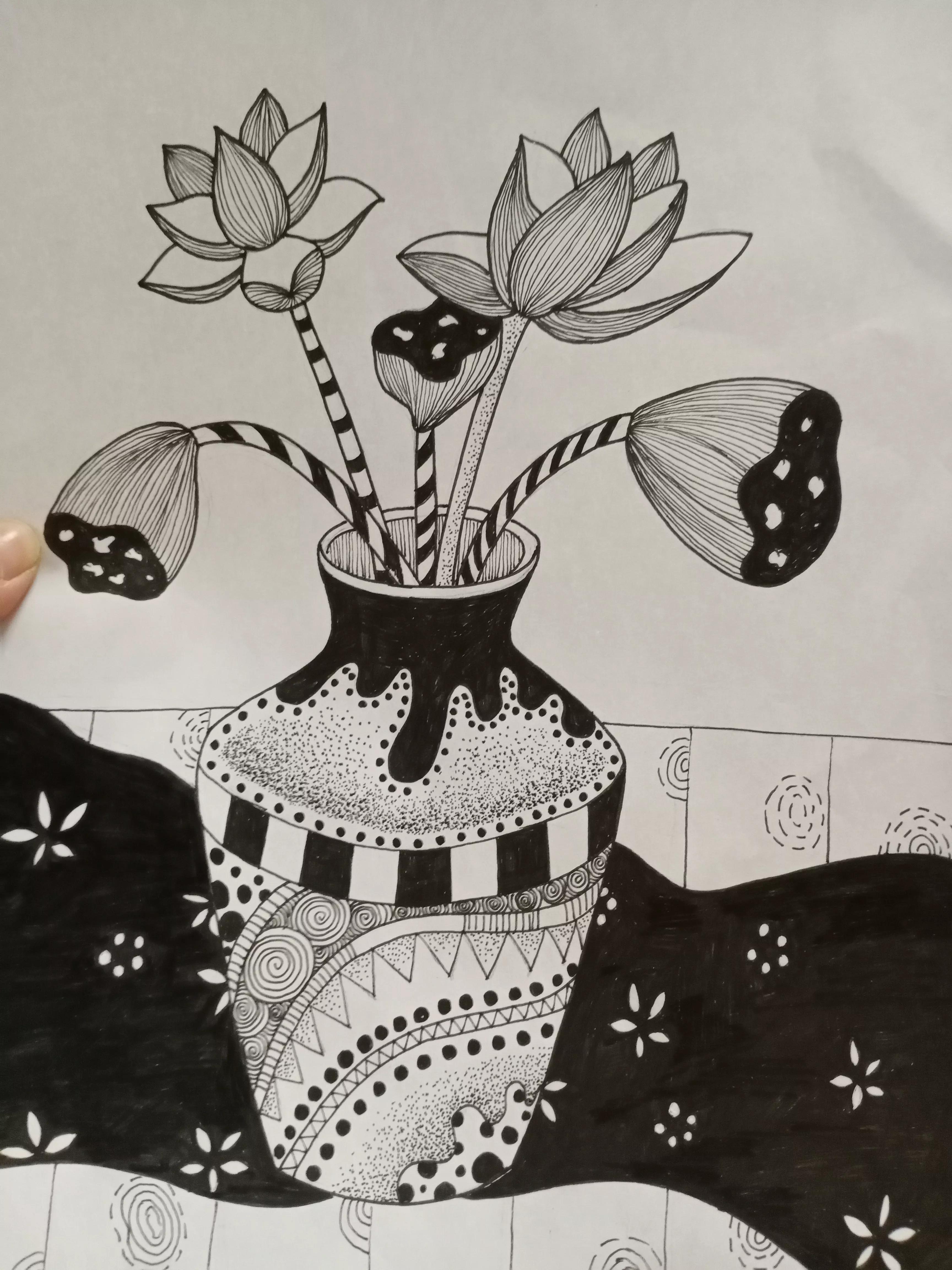 花瓶里的花线描画,线描画花瓶教学视频