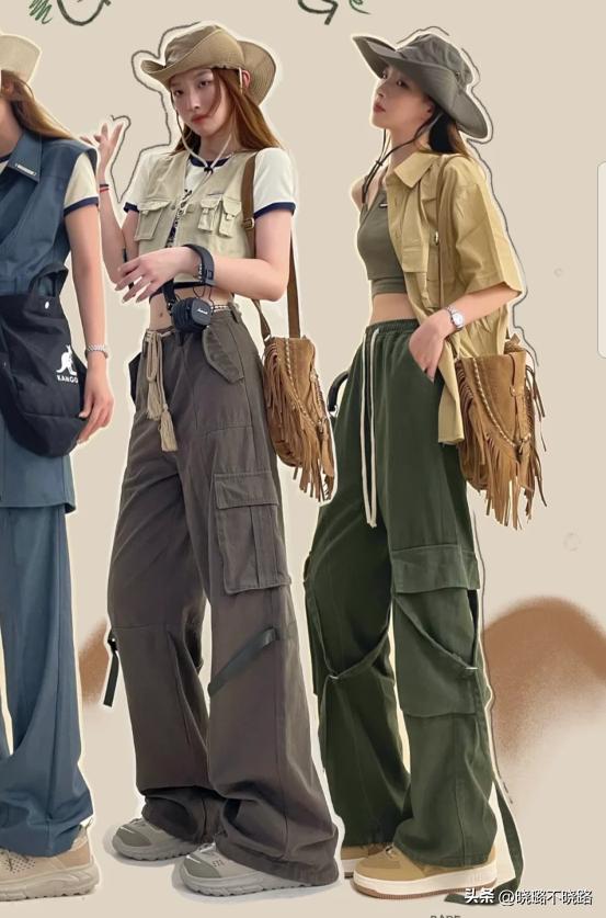 今年特流行工装裤时尚百搭又有型,工装裤女卡其色搭配红色平底鞋