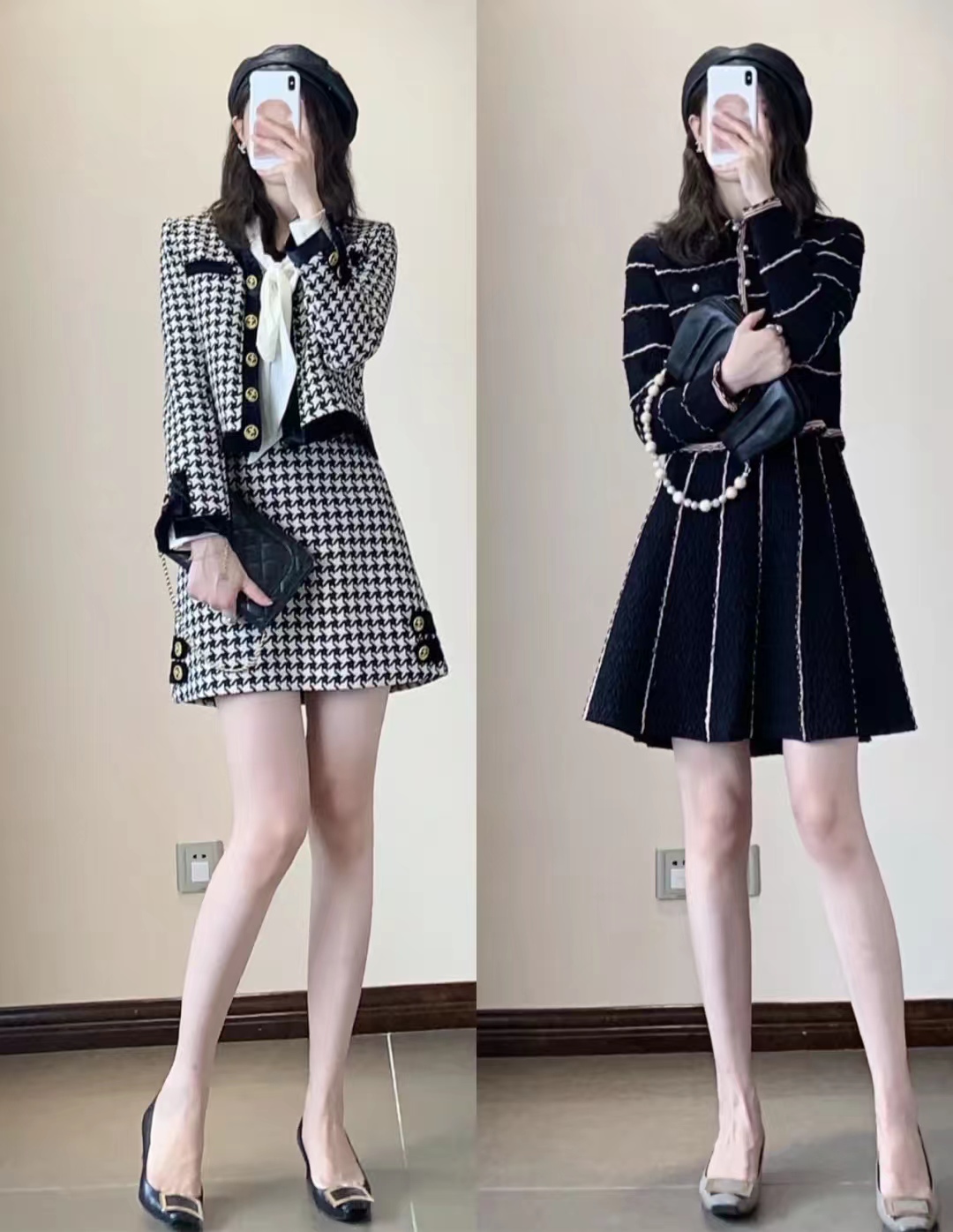千鸟格半身裙秋冬款a字版30岁,黑白千鸟格半身裙配原绒色毛衫