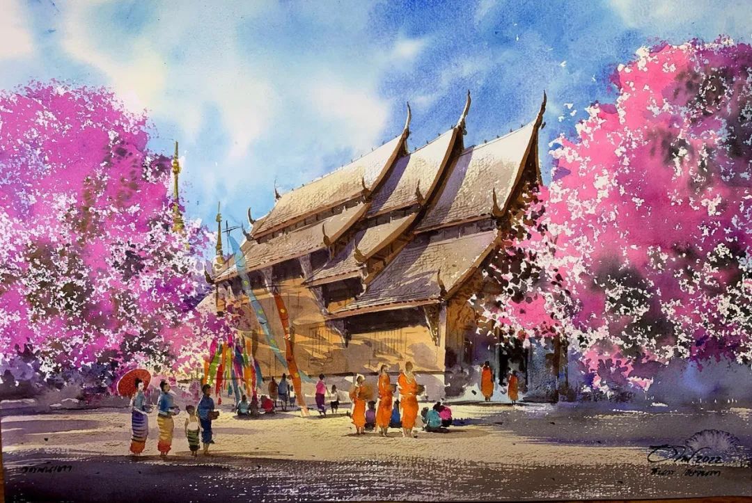 泰国水彩,泰国水彩画家绘画过程