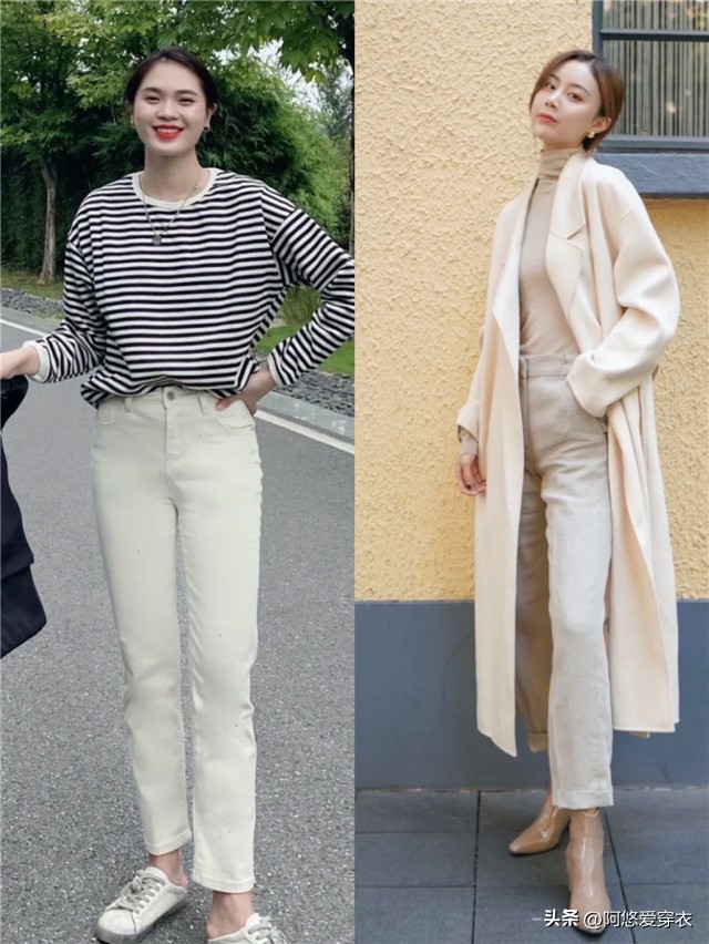 适合粗腿的杏色显瘦裤子,米杏色直筒裤秋冬气质搭配