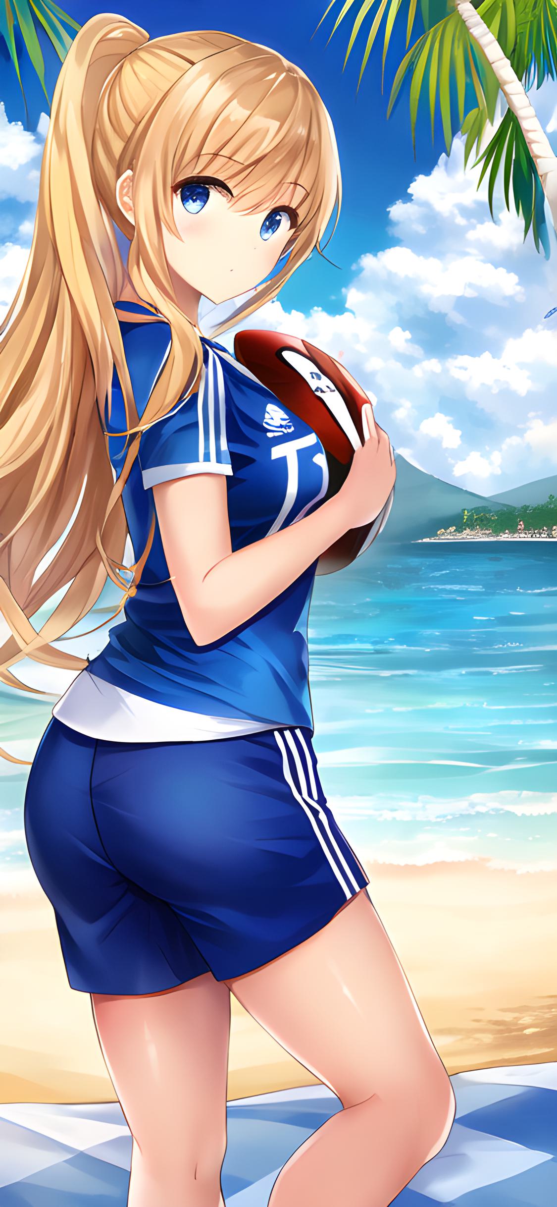 二次元美少女壁纸足球,ai绘画壁纸沙滩